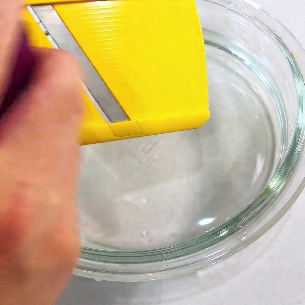 Vista de cerca de una cebolla morada cortándose en tiras finas con una cortadora manual dentro de un bol de cristal con agua.