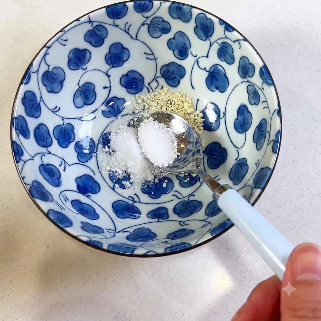 Una cuchara recogiendo y midiendo condimentos en un bol de cerámica decorativo azul y blanco.