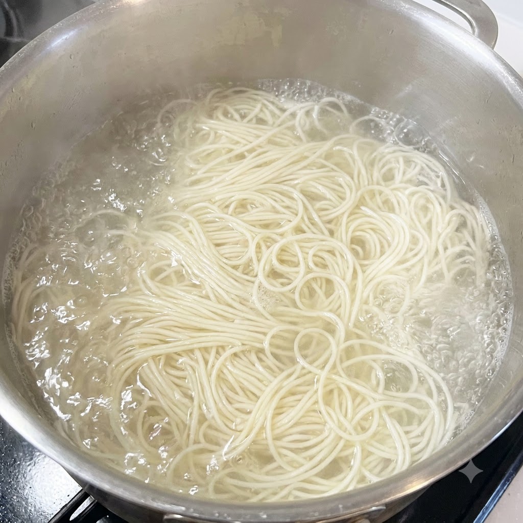 Fideos somen secos cocinándose y hirviendo dentro de una olla grande de acero inoxidable.