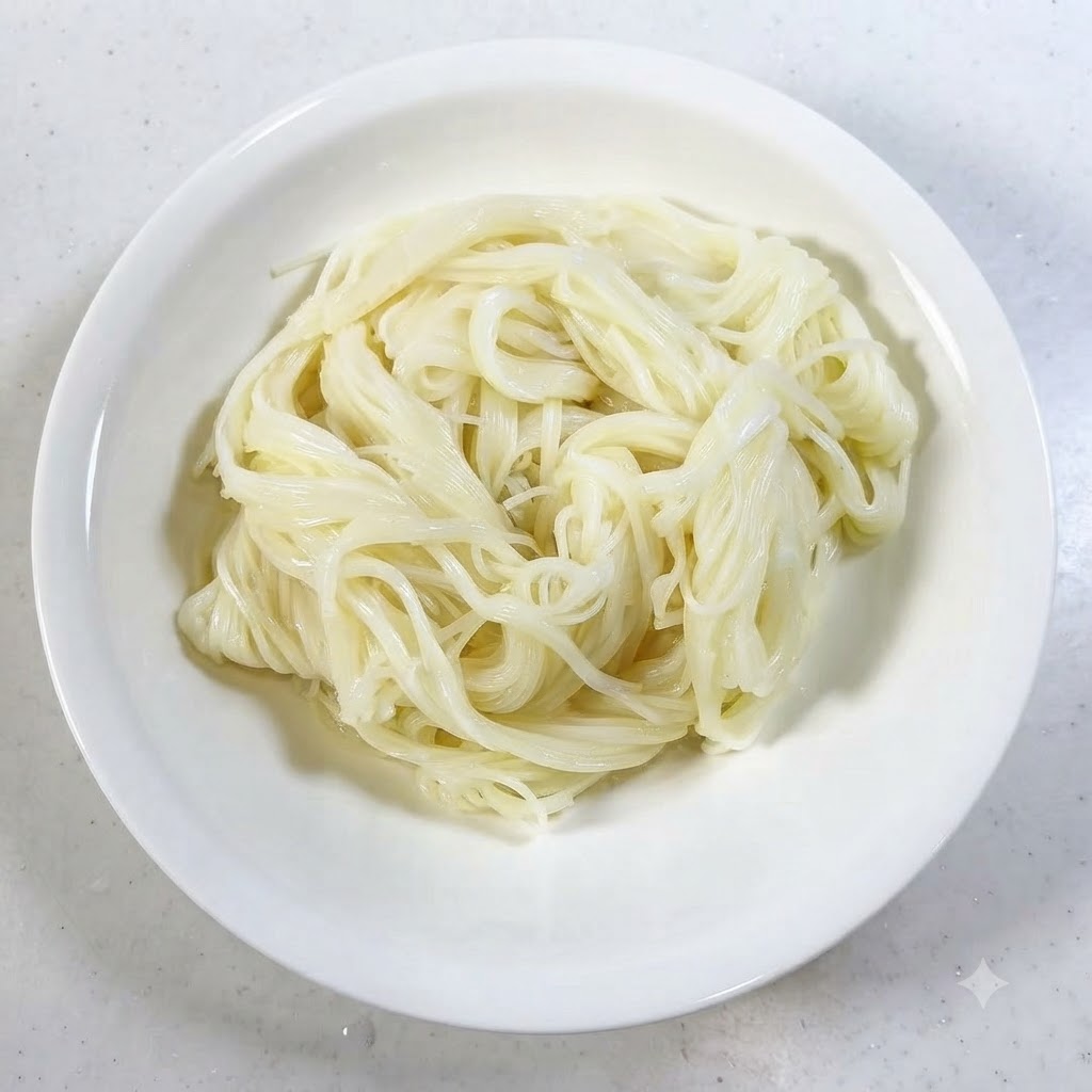 Un bol de servicio blanco lleno de fideos somen fríos mientras se añaden tiras de cebolla morada encima.