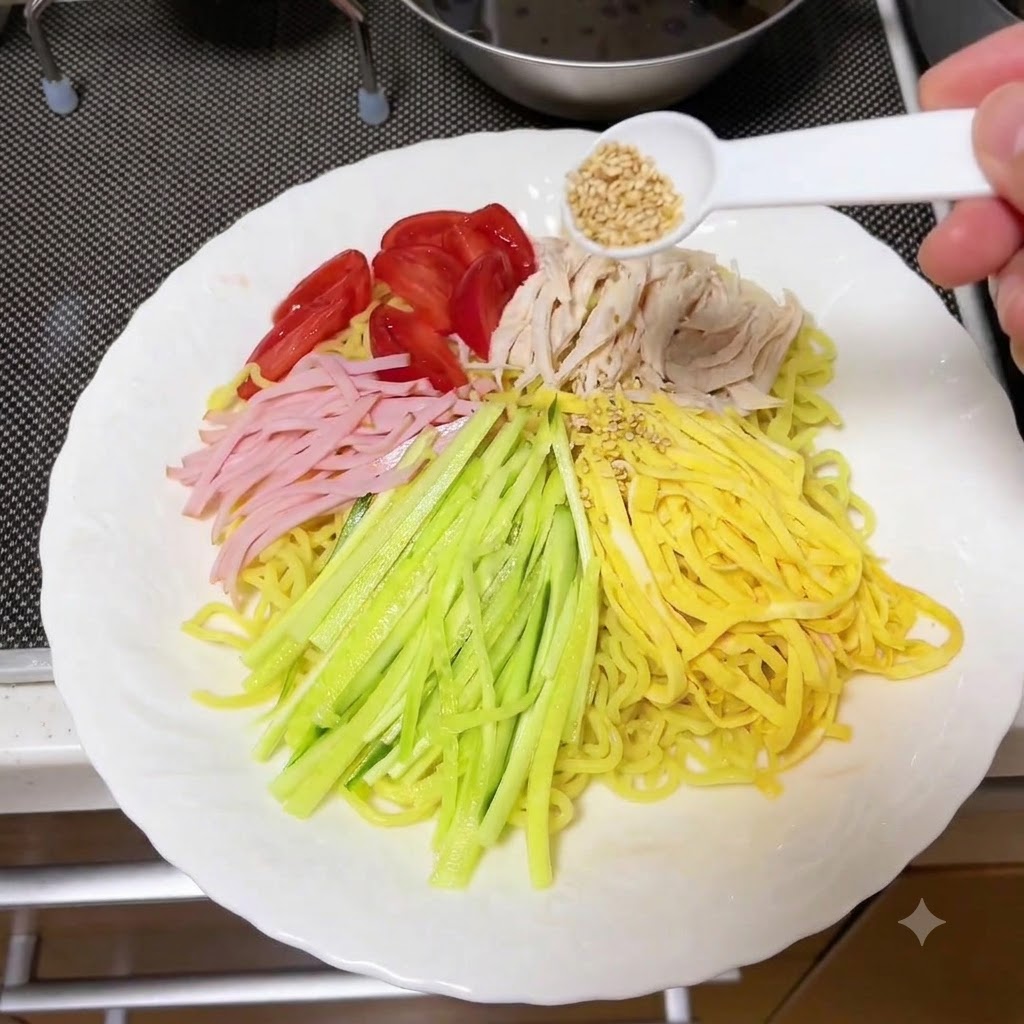 Ingredientes como pepino, jamón y tomates siendo decorados con semillas de sésamo sobre los fideos.