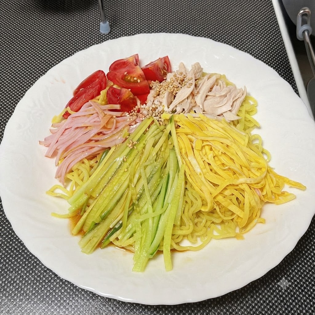 Jugo de sazonamiento siendo vertido sobre los fideos y los ingredientes montados.