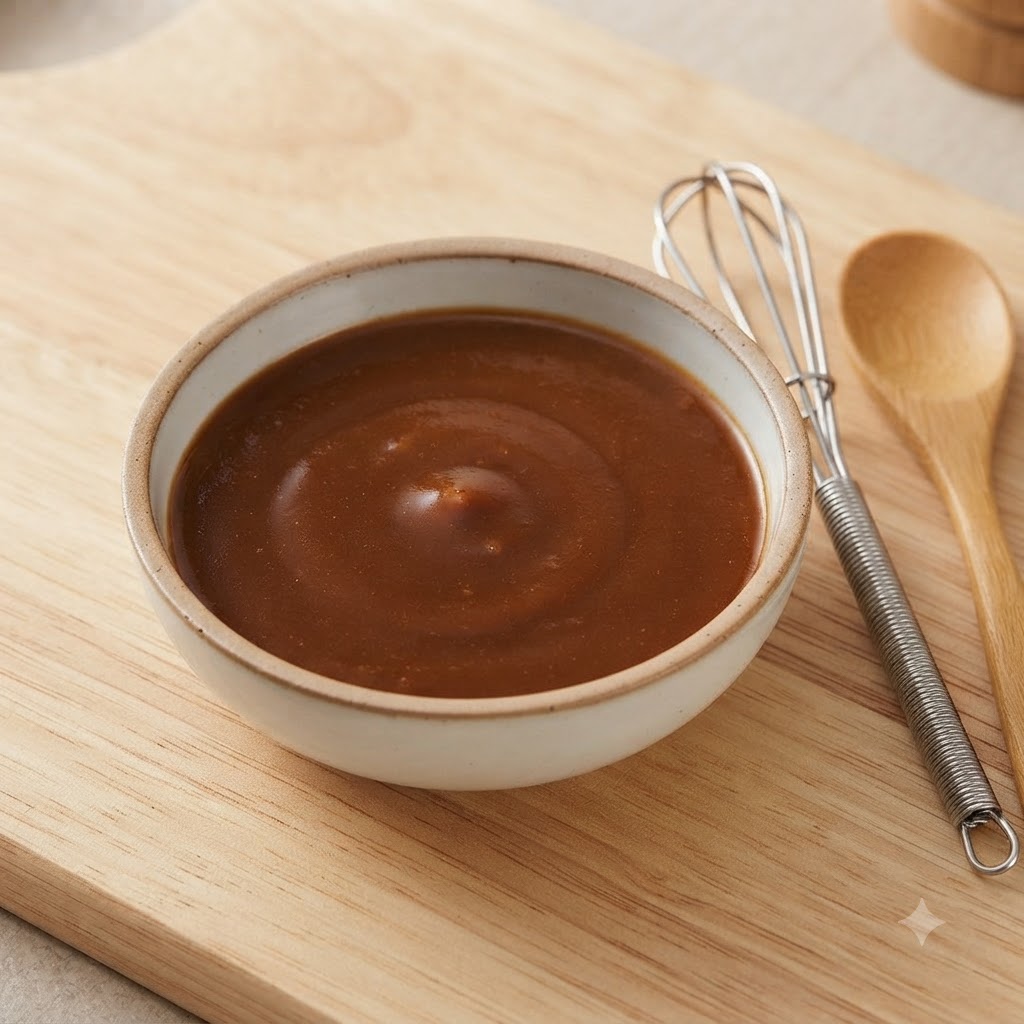 Un cuenco pequeño que contiene una mezcla suave y batida de miso y salsa de soja junto a un mini batidor de alambre y una cuchara de madera.