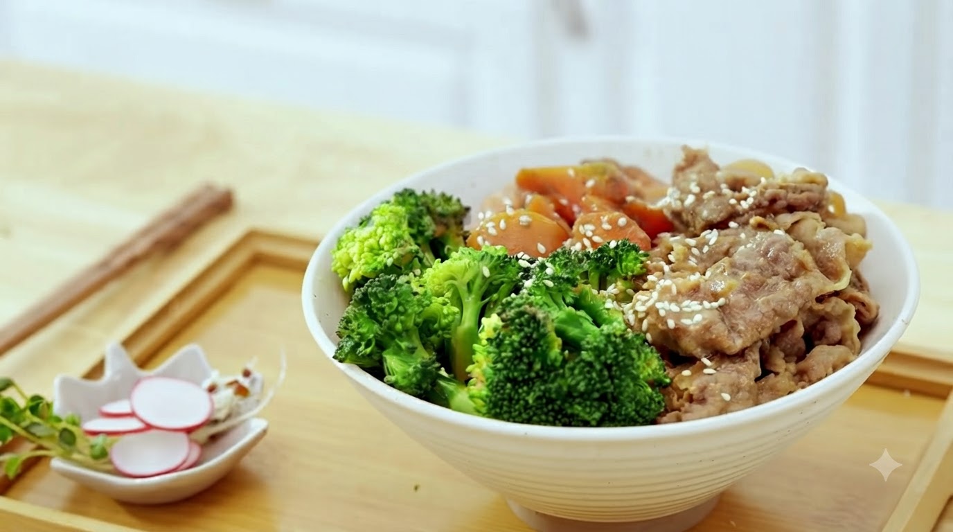 Tazón de Arroz con Ternera y Brócoli al Miso