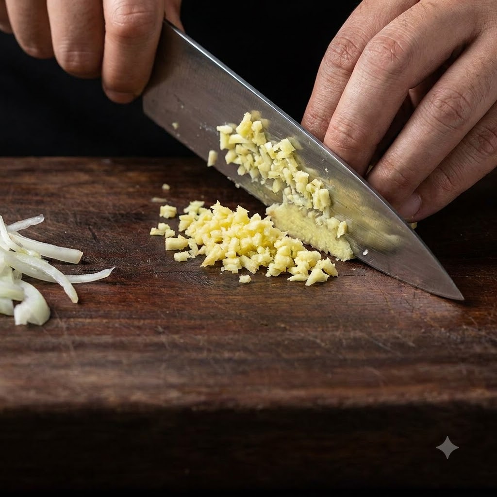 Un cuchillo de chef picando jengibre fresco en trozos pequeños sobre una tabla de cortar de madera.