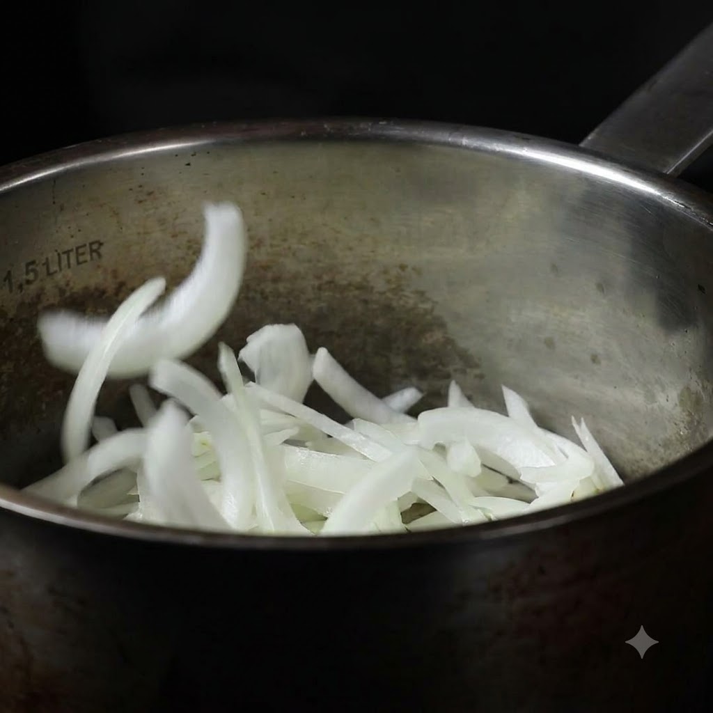 Cebollas cortadas en rodajas siendo colocadas en una olla de acero inoxidable.