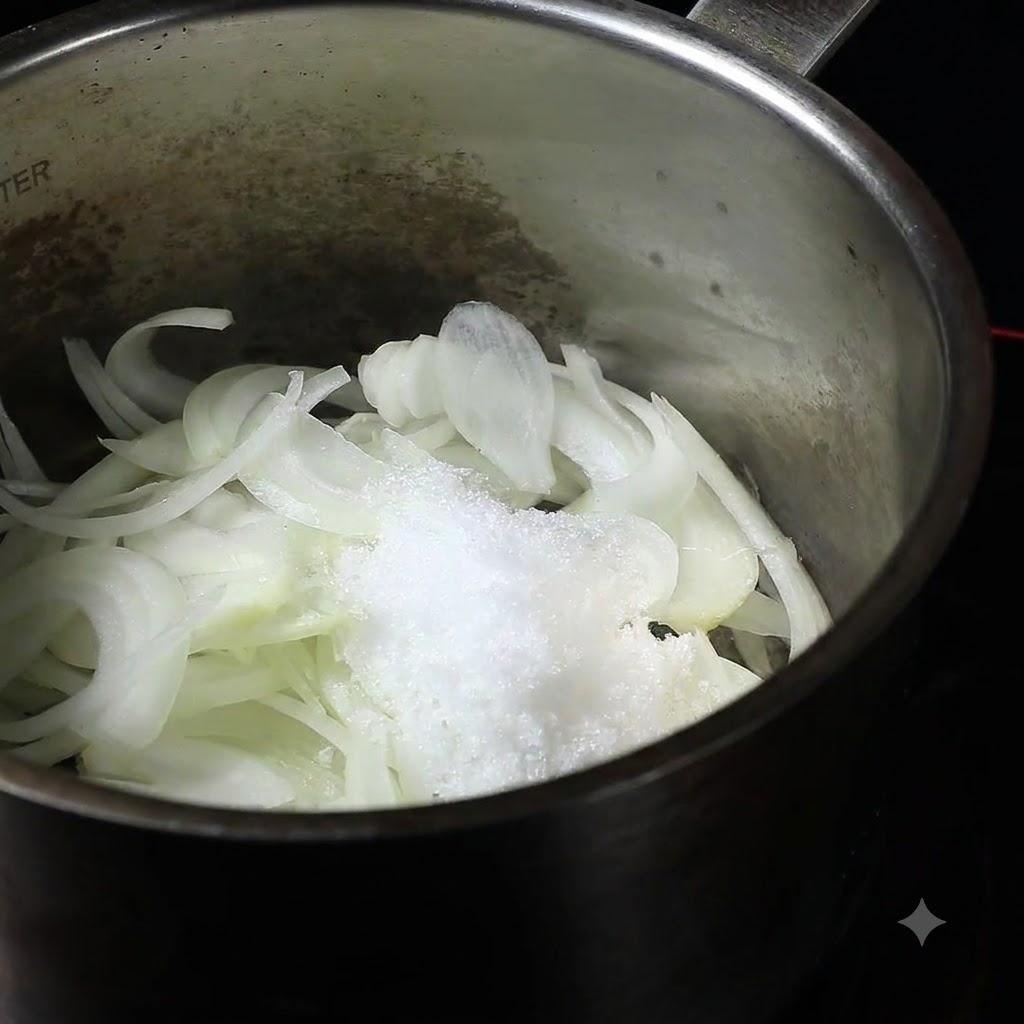 Azúcar blanco siendo vertido sobre las cebollas cortadas en una olla de acero inoxidable.