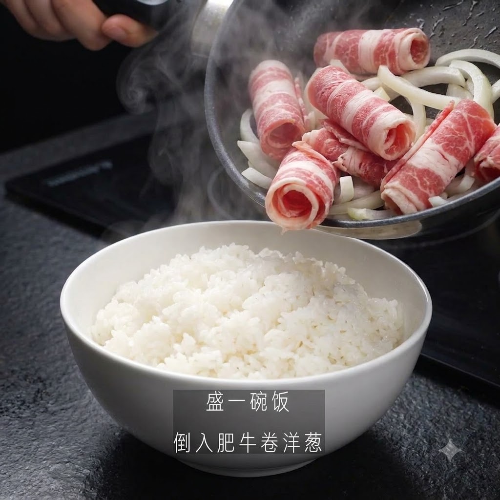 Una sartén vertiendo ternera y cebollas cocinadas sobre un tazón de arroz blanco.