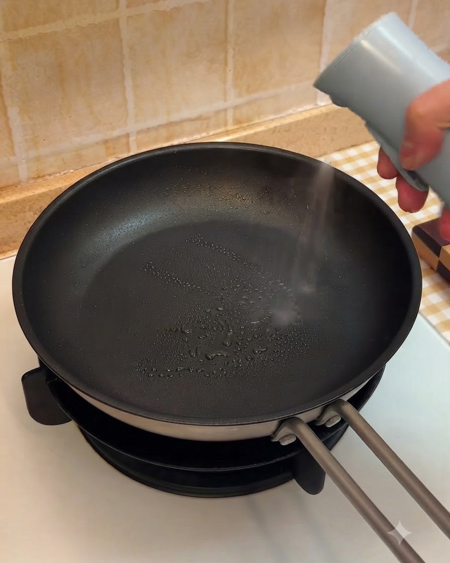 Una sartén caliente siendo rociada ligeramente con aceite antes de cocinar la carne.