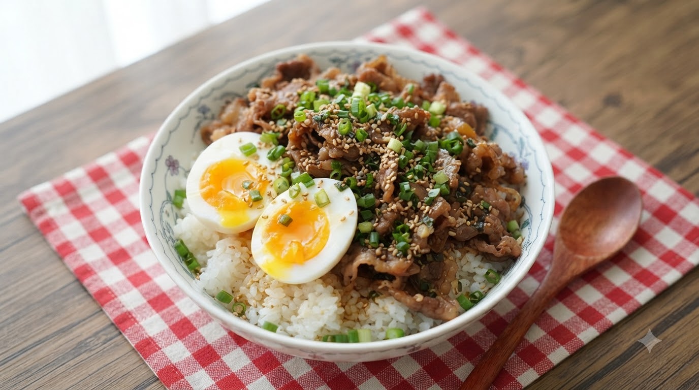 Bol de Arroz con Ternera, Cebolleta y Huevos Pasados por Agua