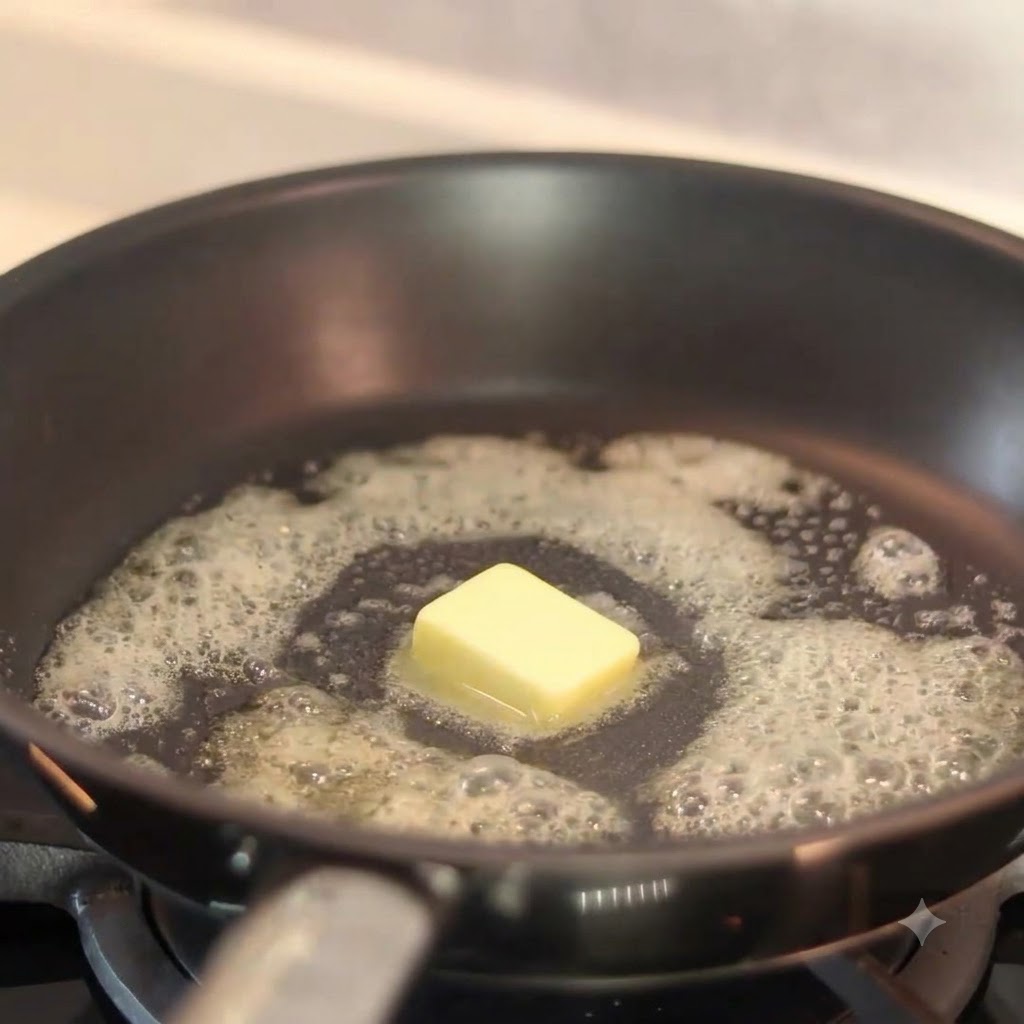Cebollas en rodajas añadidas a la sartén con mantequilla derretida, comenzando a cocinarse a fuego mediocite: 1.