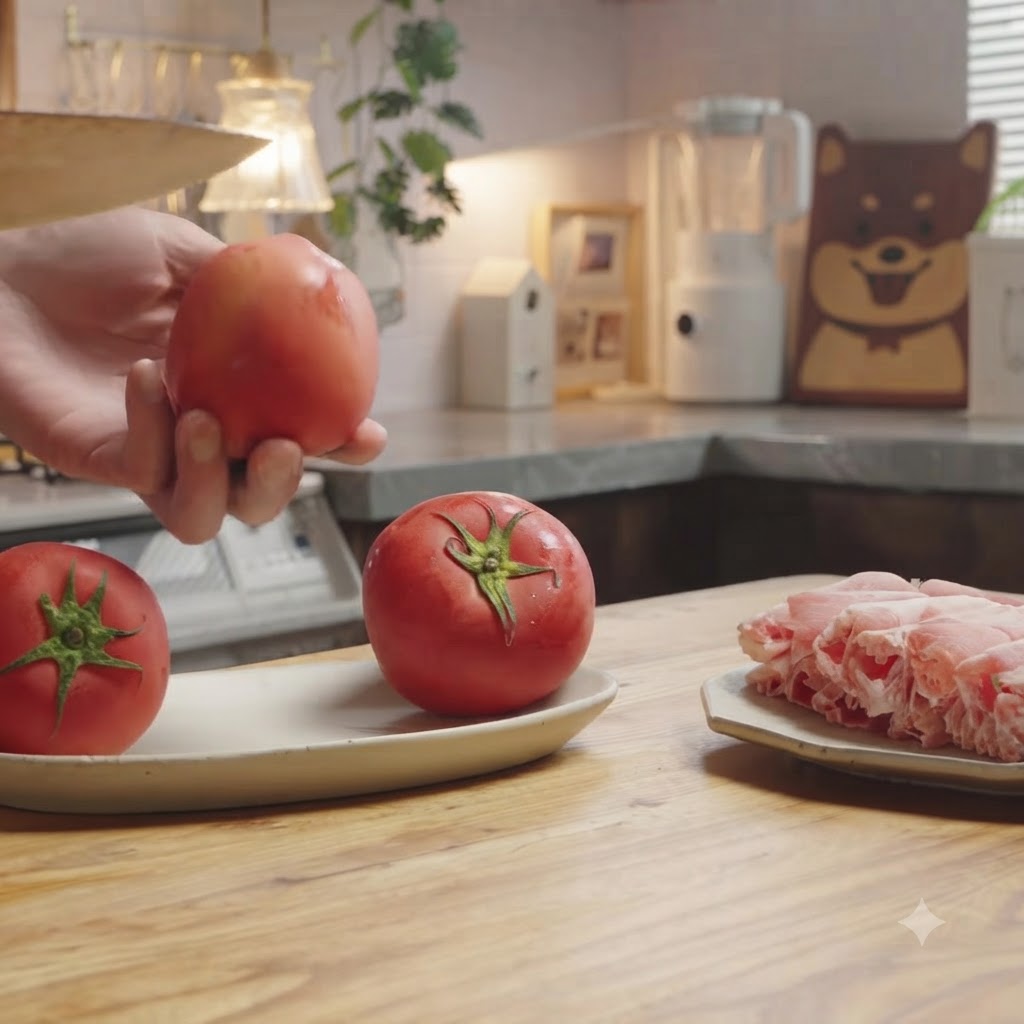 Una persona haciendo un corte en cruz en un tomate rojo fresco sobre una tabla de cortar de madera.