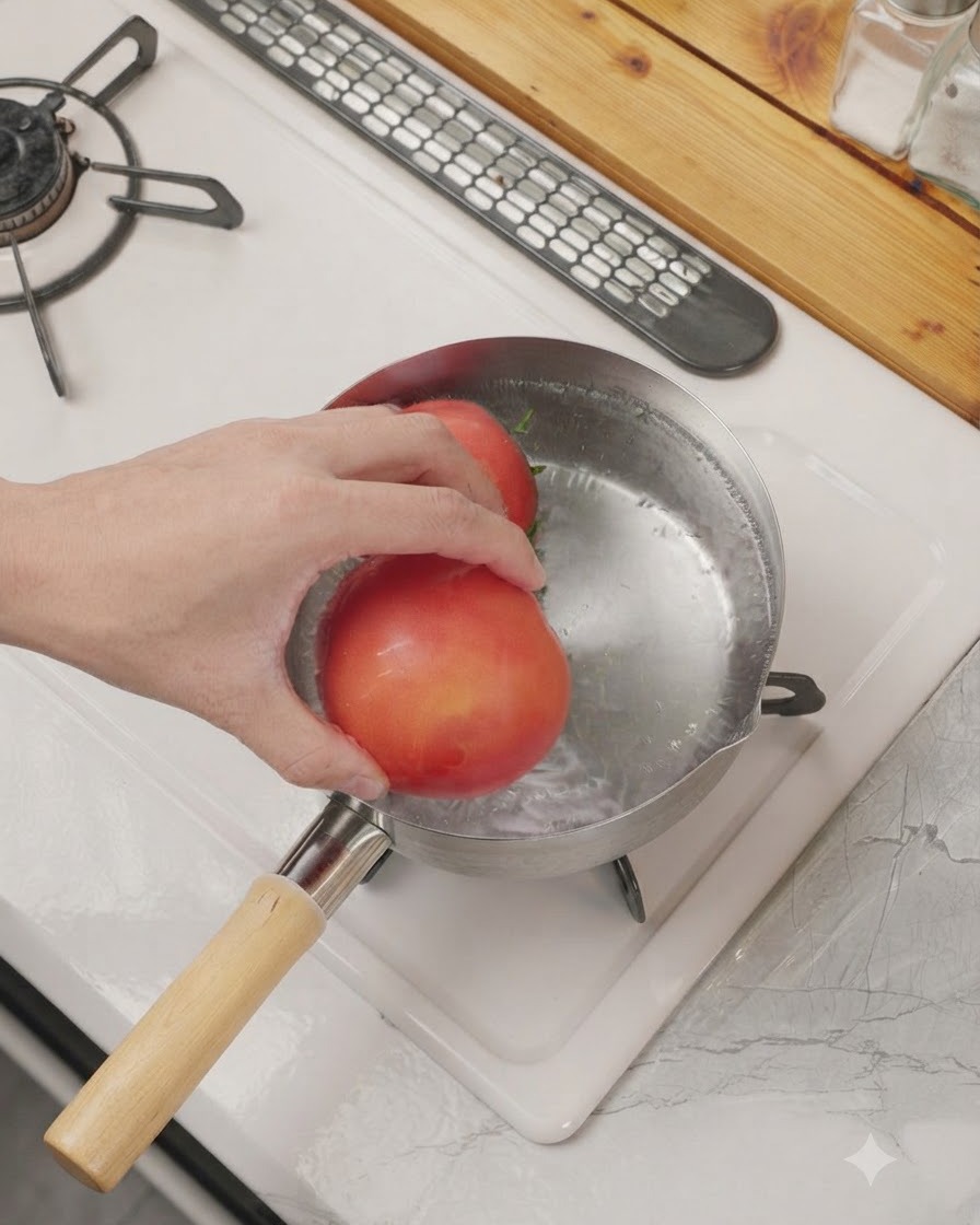 Tomates sumergidos en una olla pequeña con agua hirviendo en una estufa.