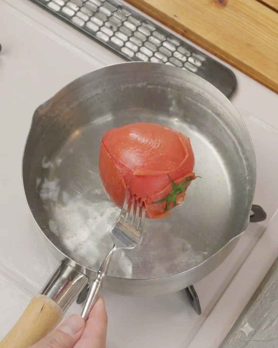 Pelando la piel exterior de un tomate escaldado caliente usando un tenedor.