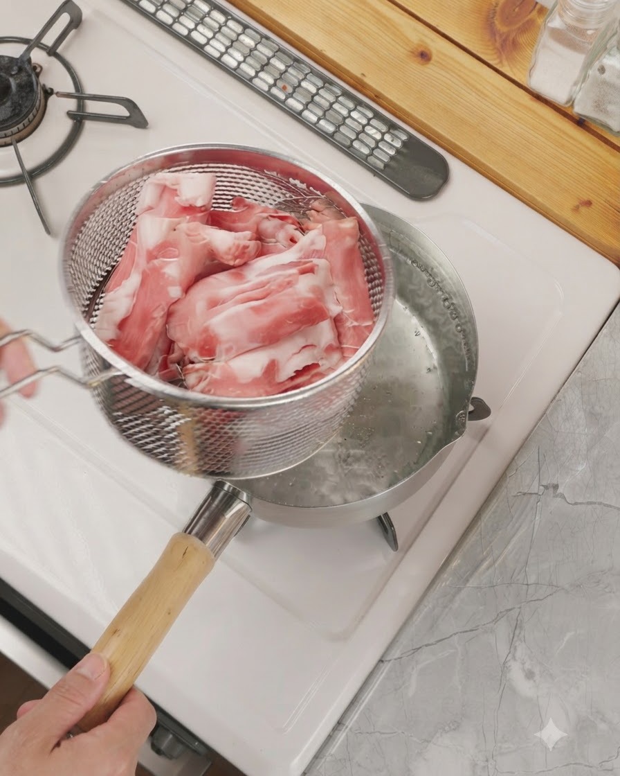 Un colador que sostiene carne de ternera cruda cortada en rodajas finas colocado sobre una olla de agua hirviendo.