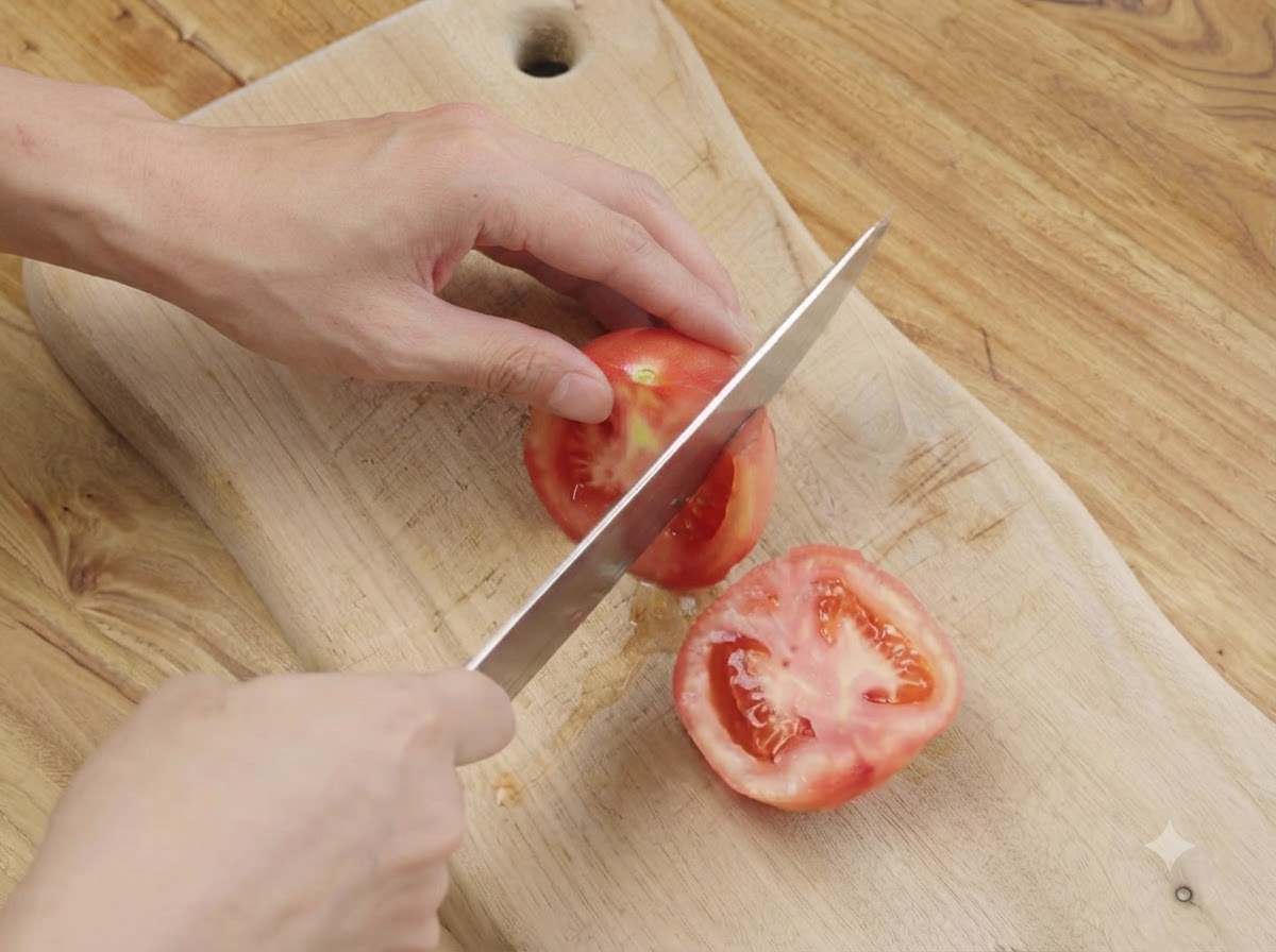 Un cuchillo cortando un tomate pelado por la mitad en una tabla de cortar de madera.