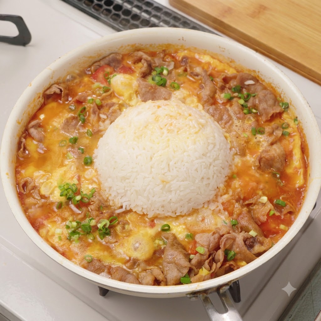 Una sartén ancha llena de una mezcla cocida de tomate, ternera y huevo con una bola moldeada de arroz blanco en el centro y guarnición de cebollino.