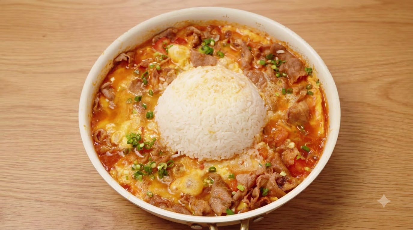 Tazón de Arroz con Ternera, Tomates y Huevo Resbaladizo