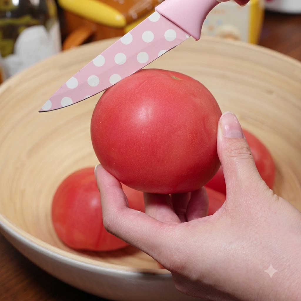 Vista de cerca de una mano marcando la parte superior de un tomate rojo fresco con un cuchillo rosa con patrón dentro de un cuenco de madera.