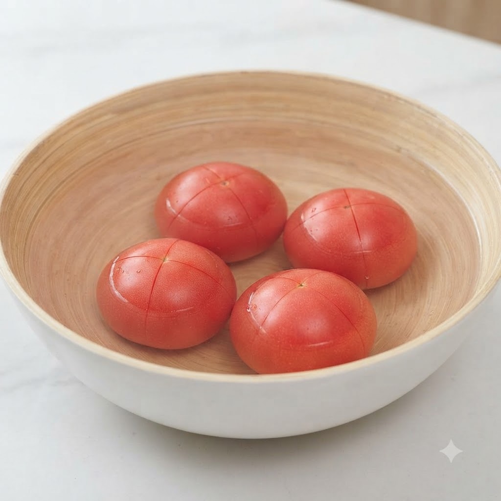 Cuatro tomates marcados colocados en un cuenco de madera lleno de agua caliente.
