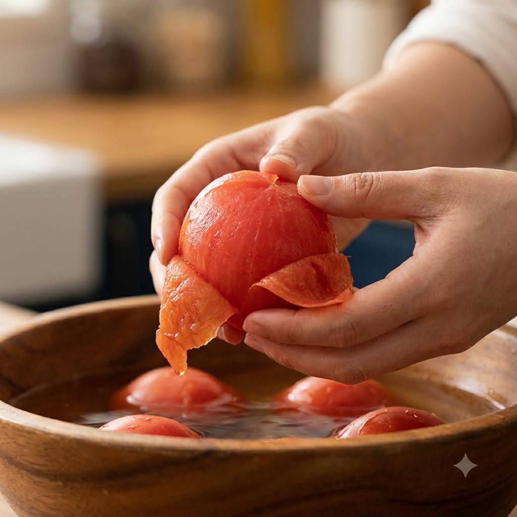 Una persona pelando la piel de un tomate escaldado sobre un cuenco de madera lleno de tomates.