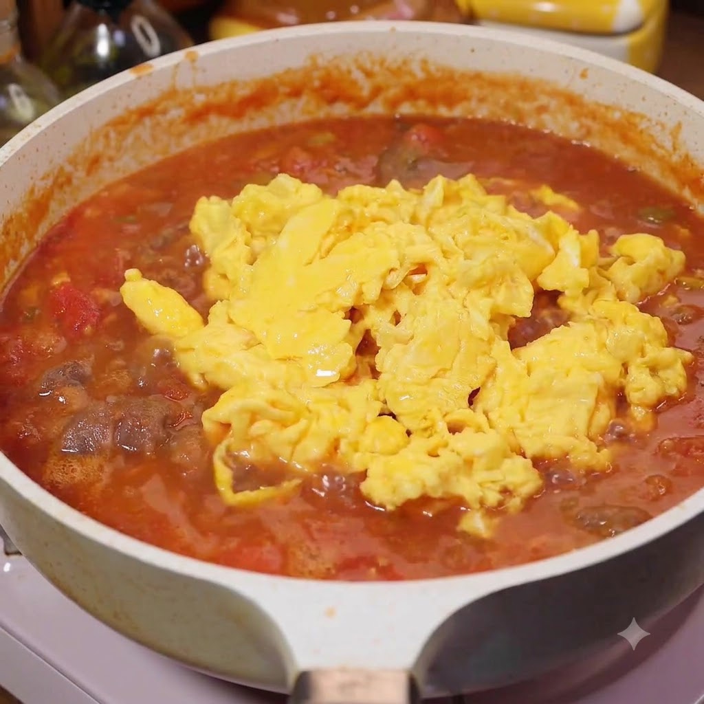 Huevos revueltos y una salsa rica siendo vertidos en la sartén con tomates y ternera.