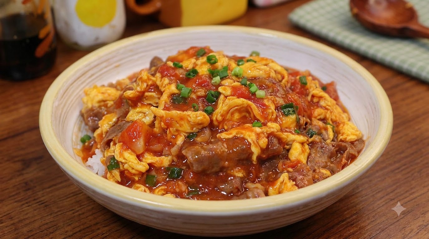 Cuenco de Arroz con Tomate, Huevo y Ternera