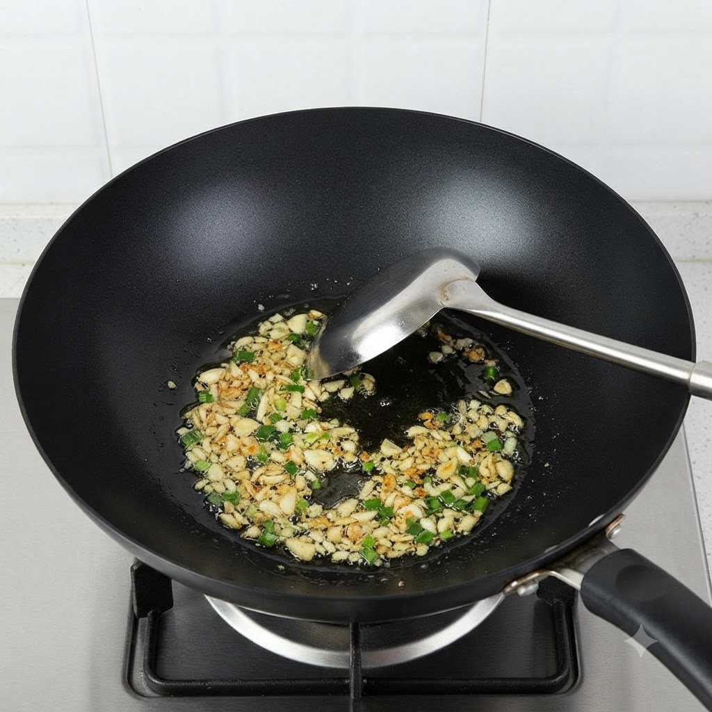 Ajo picado y cebolletas chisporroteando en aceite de cocina dentro de un wok negro.
