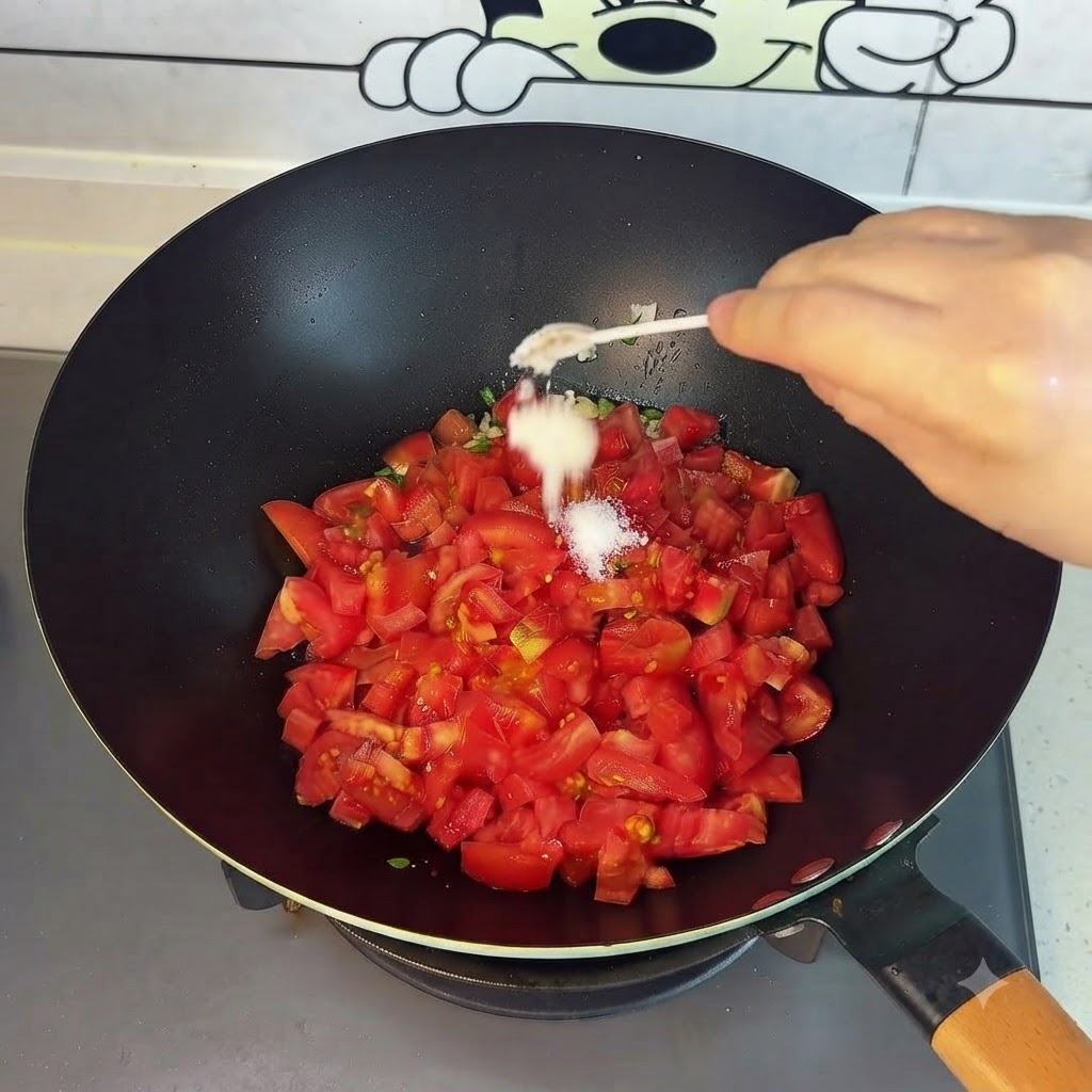 Tomates salteándose y presionándose hacia abajo en el wok con una cuchara.