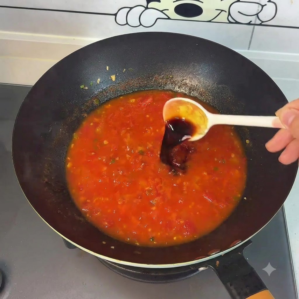 Salsa oscura siendo vertida desde una cuchara en la base de sopa de tomate roja y vibrante del wok.