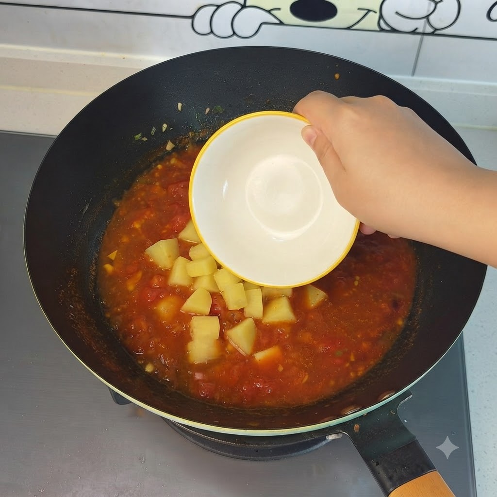 Patatas picadas siendo añadidas desde un pequeño cuenco a la sopa de tomate burbujeante en el wok.