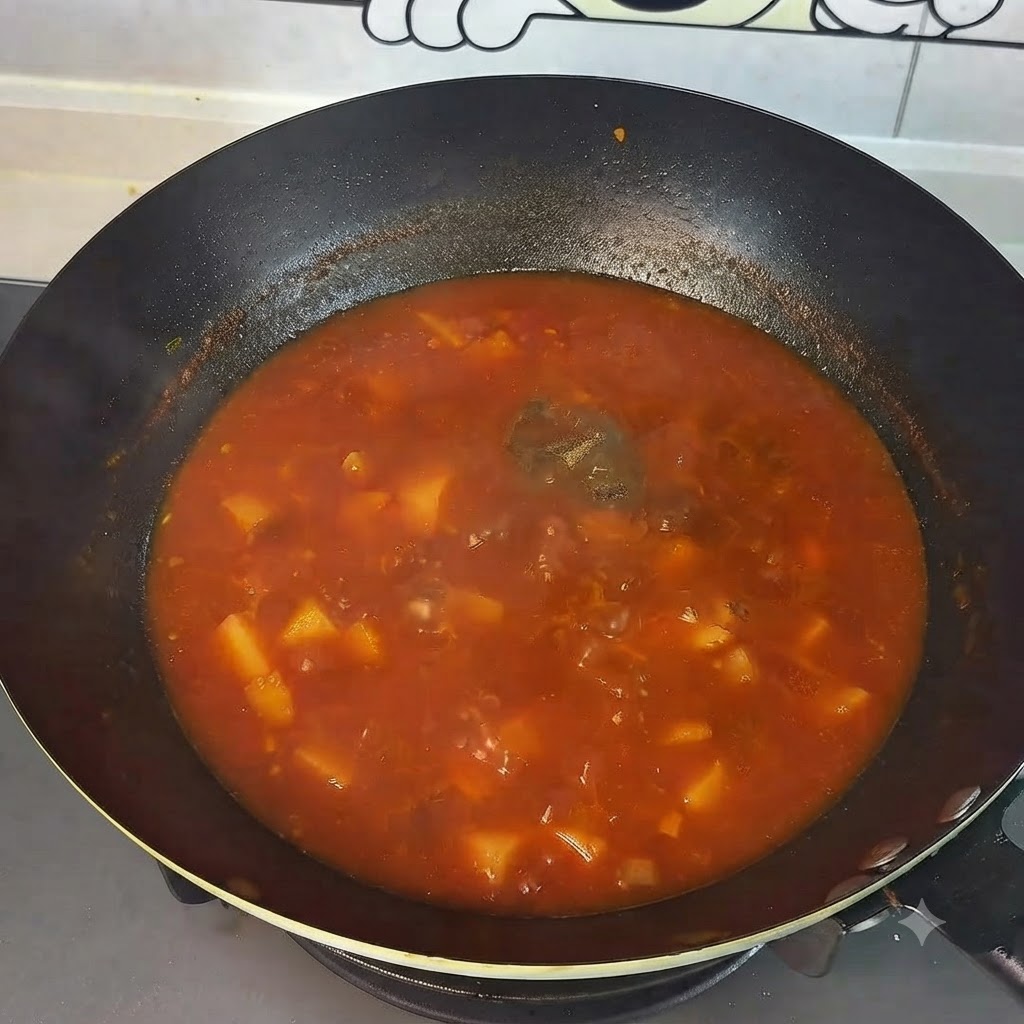 Pimienta negra y azúcar blanco siendo espolvoreados en la sopa burbujeante de tomate y patata en un wok.