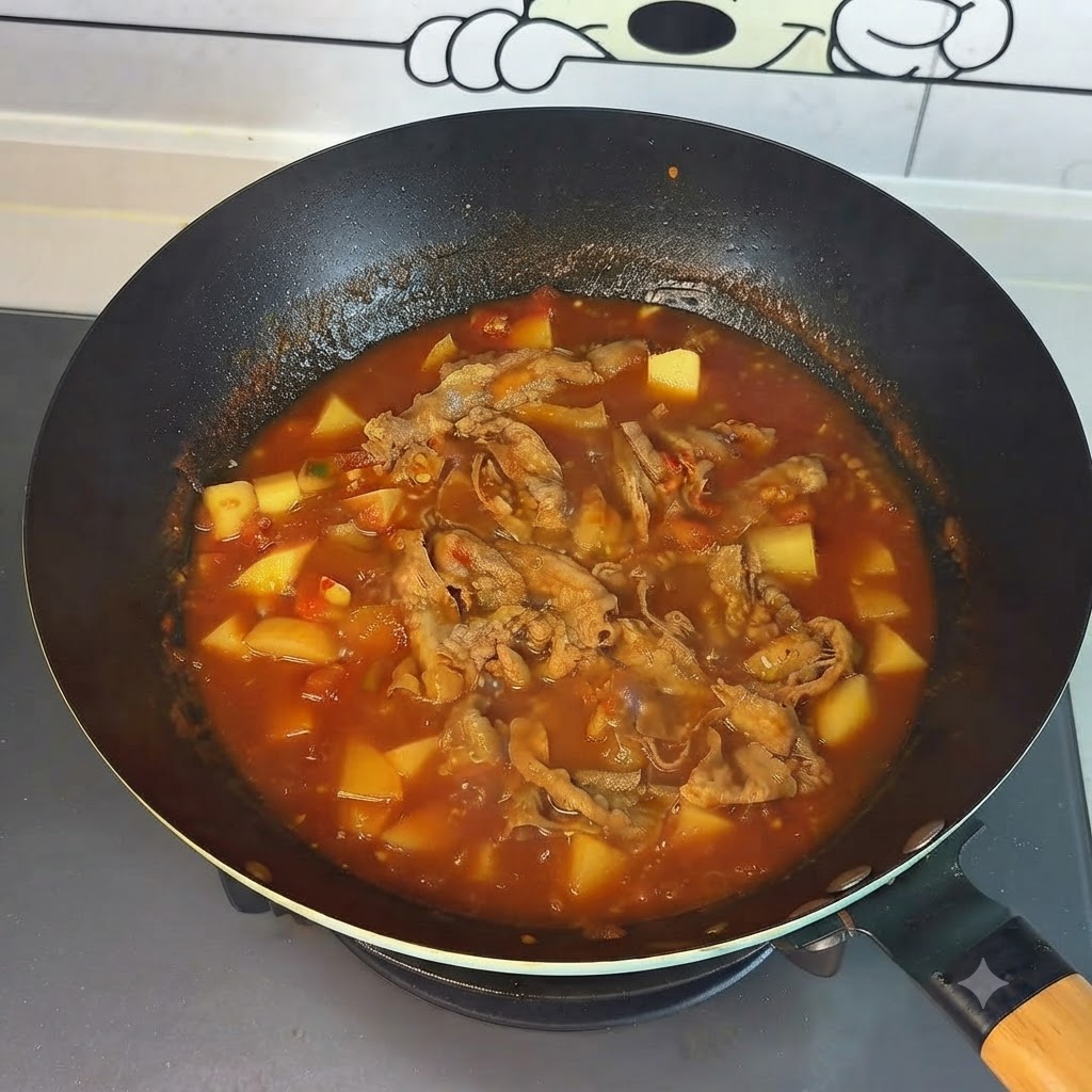 Hot pot terminado de rollos de ternera con tomate y patata en el wok listo para servir.