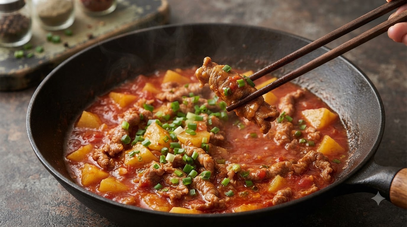 Hot Pot de Rollos de Carne con Tomate y Patata