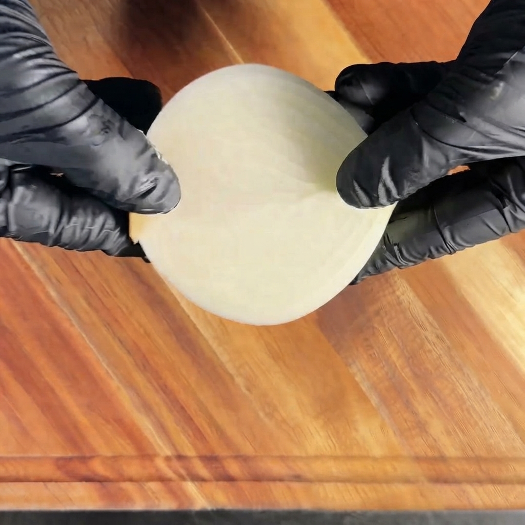 Cebolla blanca siendo cortada en tiras finas sobre una tabla de cortar de madera.