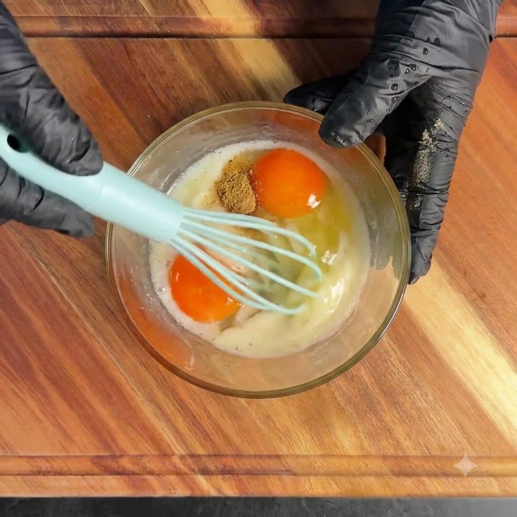 Batiendo dos huevos con almidón, agua y pimienta negra en un bol de cristal para crear una mezcla suave.
