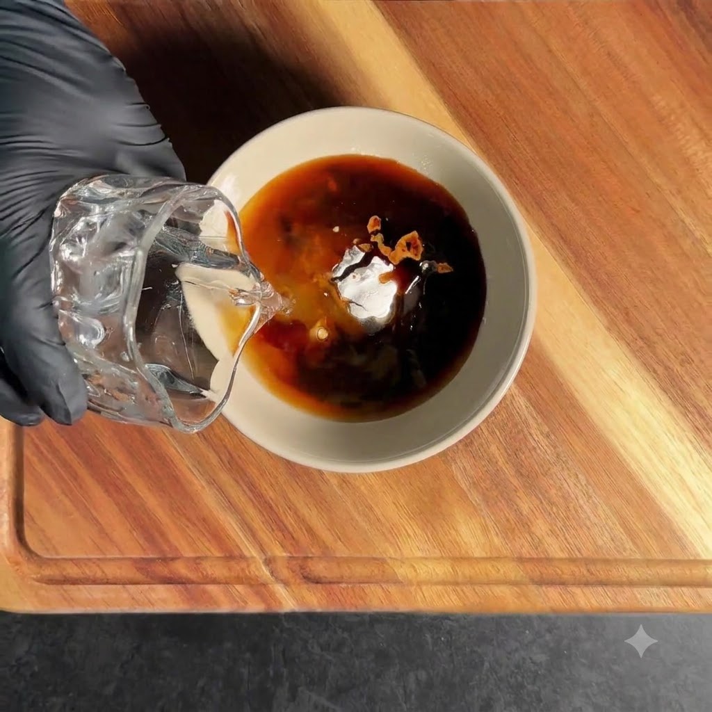 Mezclando los ingredientes de la salsa teriyaki —salsa de soja, salsa de ostras, miel y almidón— en un bol con agua.
