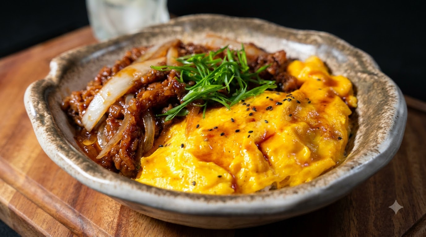 Tazón de Arroz con Ternera Teriyaki y Huevo Revuelto Suave
