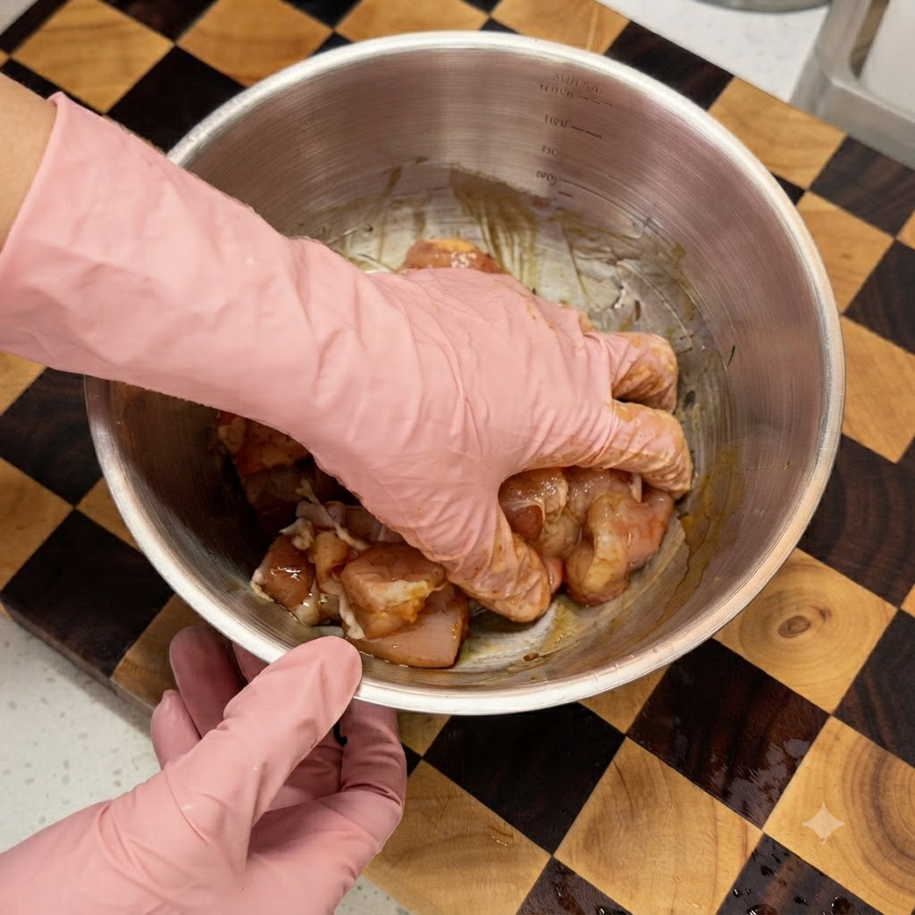 Una mano con un guante rosado mezclando trozos de pollo crudo marinados dentro de un bol de acero inoxidable.