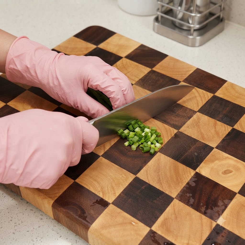 Manos con guantes rosados picando cebollas verdes frescas con un cuchillo grande en una tabla de cortar a cuadros.