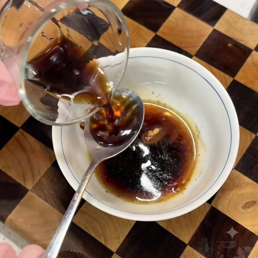 Vertiendo un condimento líquido oscuro desde una taza de vidrio en un bol blanco pequeño que contiene una mezcla de salsa de soja y especias.