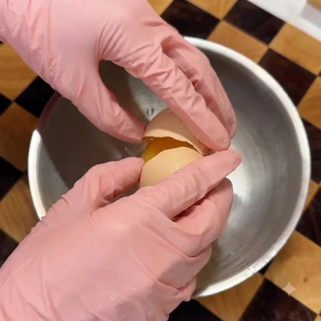 Manos con guantes rosados rompiendo un huevo fresco en un bol de mezcla de acero inoxidable.