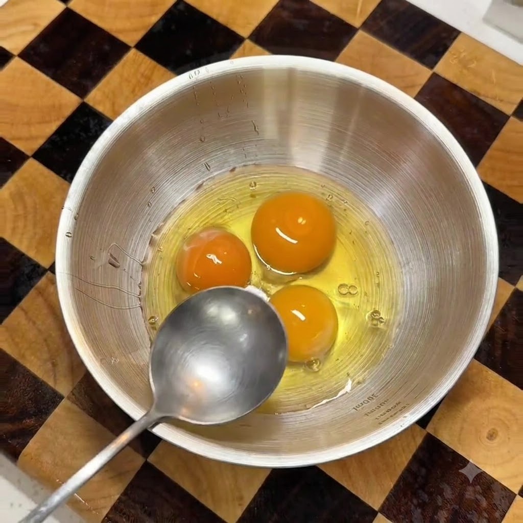 Un bol de huevos agrietados con una cuchara batiéndolos juntos con agua.