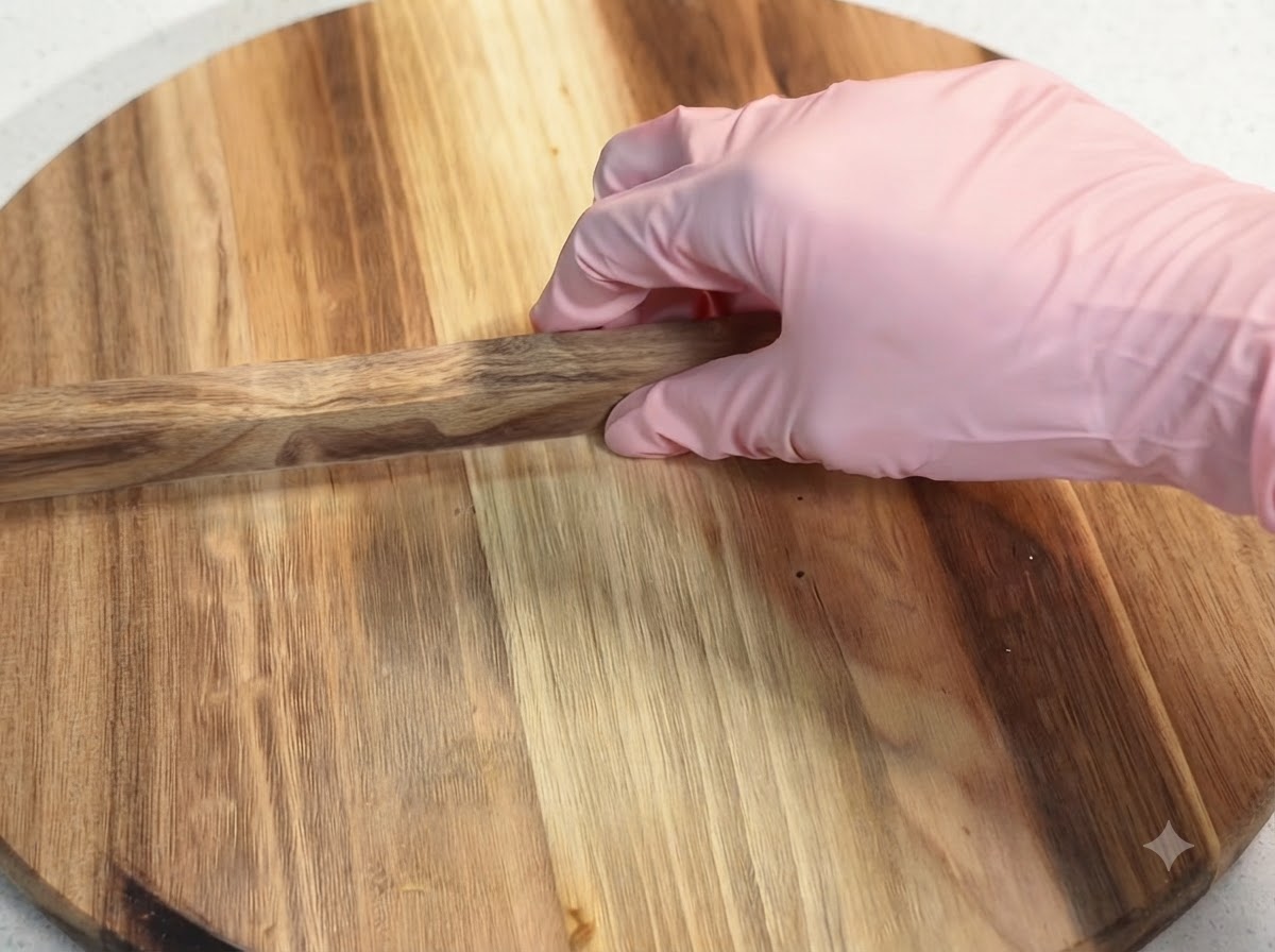 Una mano con un guante rosado colocando una tapa de madera en una sartén.