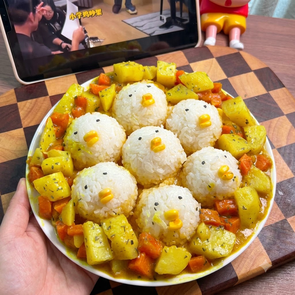 Arroz cocido siendo moldeado en una bola con un núcleo de queso oculto.