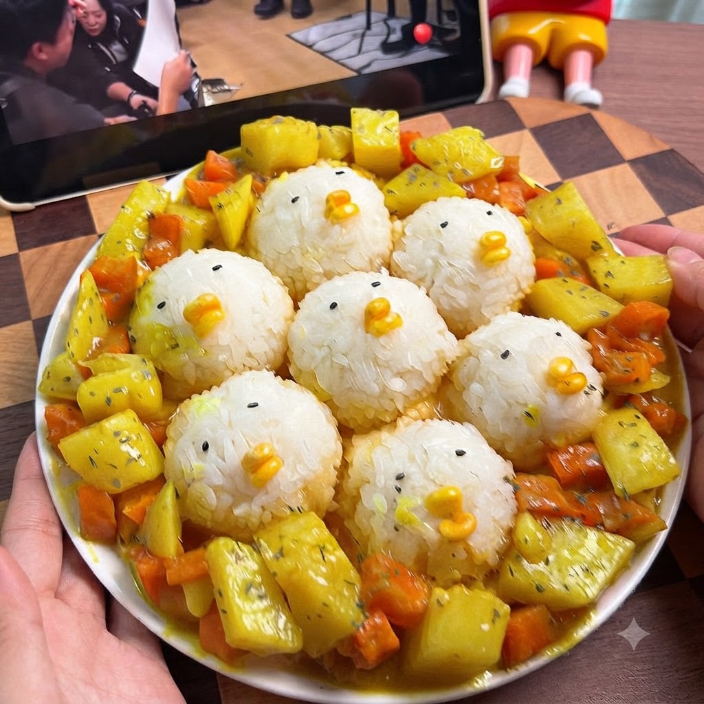 Pinzas colocando semillas de sésamo y maíz en una bola de arroz para formar la cara de un pollito.