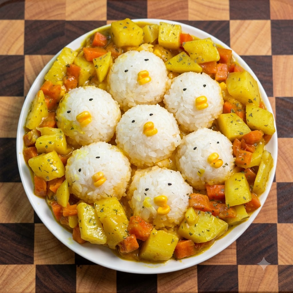 Bolas de arroz con forma de pollito siendo acomodadas dentro de una sartén antiadherente llena de mezcla de huevo líquido.