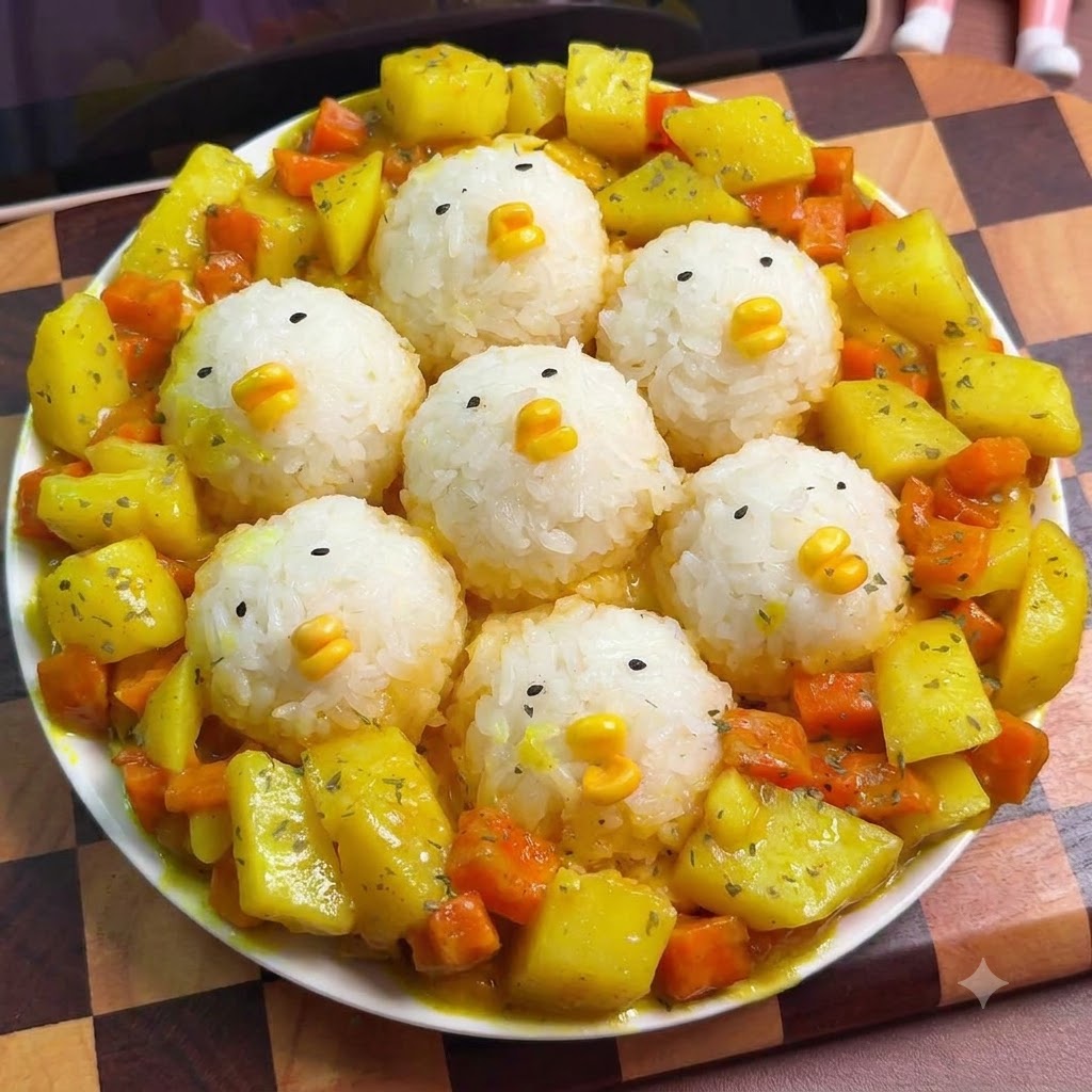 Bloque de curry y agua añadidos a papas y zanahorias salteadas en una sartén.