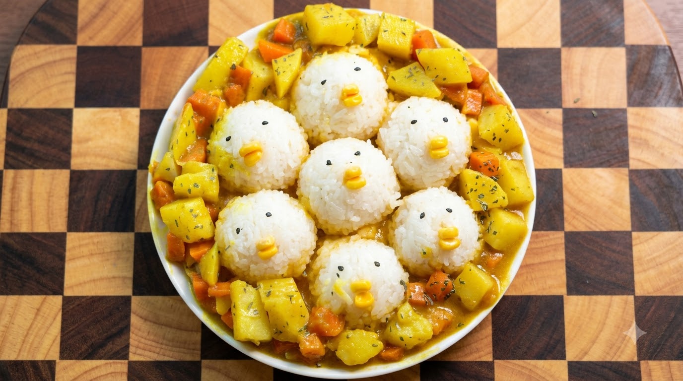 Un plato de bolas de arroz con forma de pequeños pollitos con picos de maíz y ojos de sésamo, rodeadas de un curry dorado.