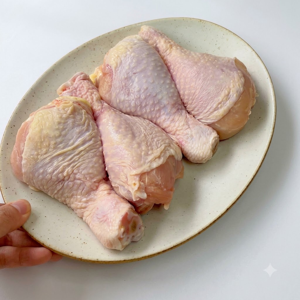 Muslos de pollo frescos siendo deshuesados y cortados en una tabla de cortar de madera con un cuchillo de cocina.